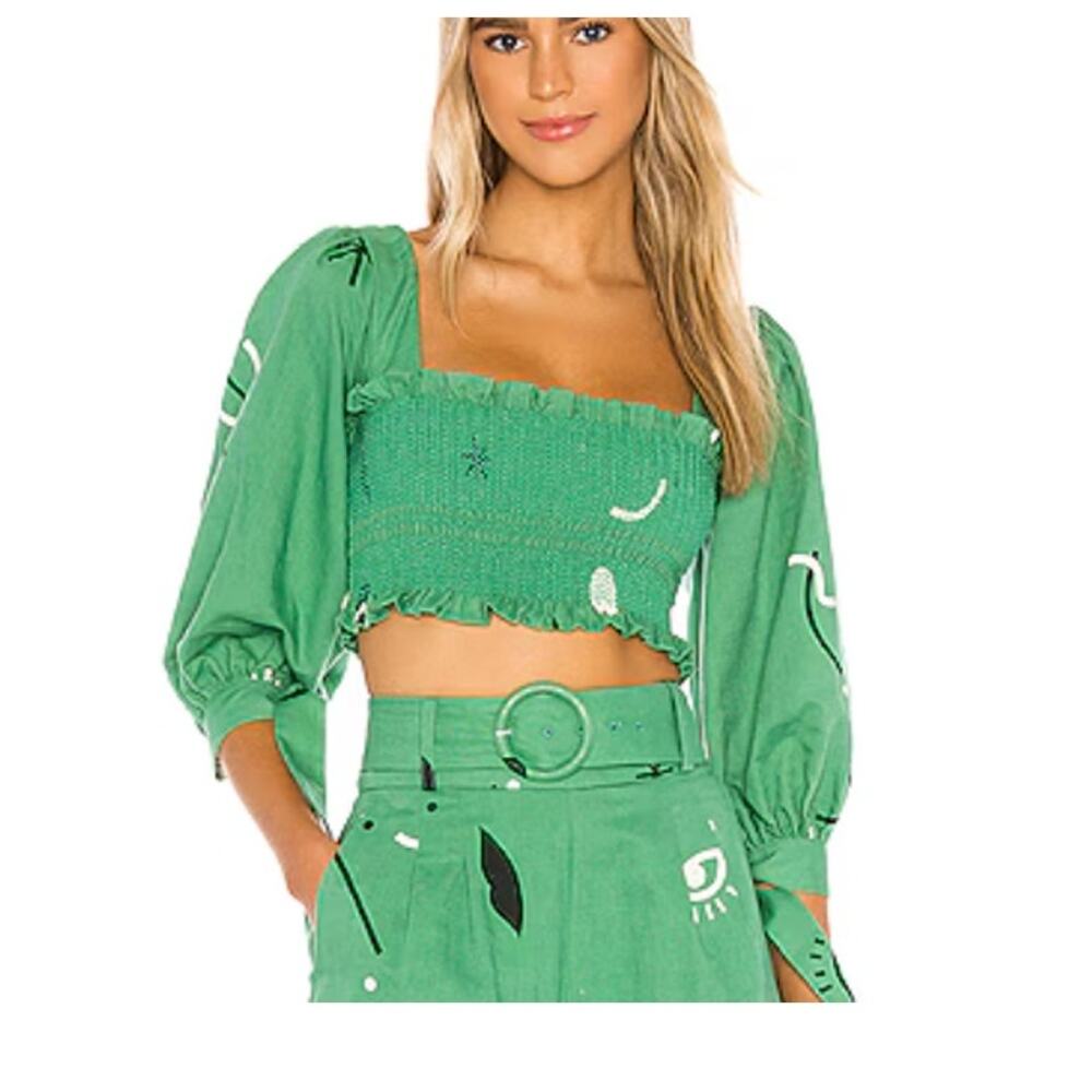 Capulet Gracia Smocked Puffed Sleeve Linen Cotton Green Carnivale Print Crop Top